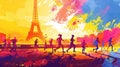 Runners silhouette against a vivid sunset backdrop with the Eiffel Tower, capturing the essence of a Paris marathon. Royalty Free Stock Photo