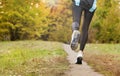 Running along a park path, healthcare and problem concept - close-up of an unhappy person suffering from pain in the leg or knee Royalty Free Stock Photo