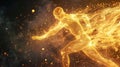 A running athlete, gold flare particles gradually transformed into running athlete form, translucent fluorescent material,