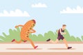 Running away from junk food. Hot dog mascot stalking sportsman. Athletic man jogging for slimming. Weight loss training. Unhealthy