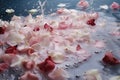 running bath water with rose petals and foam