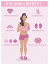 Running black beautiful girl, jogging women, cardio exercise flat Illustration. Health care infographics. 6 Benefits of running