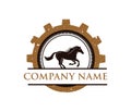 Running black horse with gear emblem vector logo design