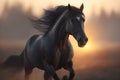 A running black horse in a sunset background. Royalty Free Stock Photo