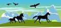 Running black horses on the mountains Royalty Free Stock Photo