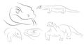 Running black line varan, dragon Komodo, on white background. Sketch style. Vector graphic icon animal