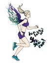 Running blonde woman with colorful wing