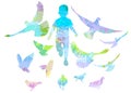 Running boy chases birds pigeons, beautiful colorful silhouette. Carefree childhood. Vector illustration Royalty Free Stock Photo