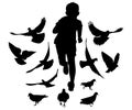 Running boy chases birds pigeons, black silhouette. Carefree childhood. Vector illustration Royalty Free Stock Photo