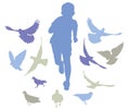 Running boy chases birds pigeons, colorful silhouette. Carefree childhood. Vector illustration Royalty Free Stock Photo