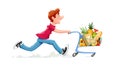 Running boy with product cart. Shopping in supermarket. Royalty Free Stock Photo