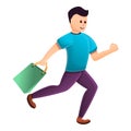 Running boy after shopping icon, cartoon style Royalty Free Stock Photo