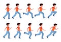 Running boy. Young athlete training, jogger profile sprint, kids marathon, side view different hand and foot positions