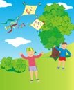 Boys and kites on meadow with trees, vector illustration