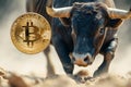 Running bull and bitcoin shiner for crypto bull run concept. Royalty Free Stock Photo