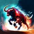 Running bull. Digital painting. Illustration of bull on fire. Generative AI