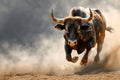 Running bull with dust and copy space. Royalty Free Stock Photo