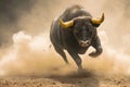 Running bull with dust and copy space. Royalty Free Stock Photo