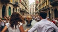 Running of the bulls couple finds themselves face to face with a bull that runs towards them. Generative ai