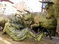 Running bulls monument in Pamplona city. Closeup