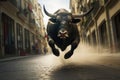 Running of bulls in Pamplona, Spain. Bull running in Pamplona is traditional event during San Fermin festival where