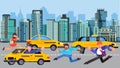 Running business people men, woman late for work rushing to catch taxi car vector illustration.