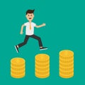 Running businessman charcter. Gold coin stacks icon in shape of diagram. Dollar sign symbol. Cash money. Going up graph. Royalty Free Stock Photo