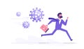 Running businessman in panic is running away from the virus. Coronavirus crisis, covid-19 pandemic concept. Modern vector Royalty Free Stock Photo