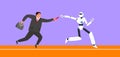 Running businessman passes a baton to robot humanoid relay race vector