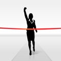 Running businesswoman crossing finish line, vector