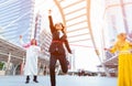 Running businesswoman crossing finish line Royalty Free Stock Photo