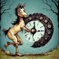 A running cartoon horse while carrying a clock,generative ai