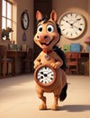 A running cartoon horse while carrying a clock,generative ai