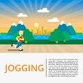 Running in city park. Man runner outside jogging in park. Vector flat illustration