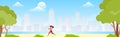 Running in city park. Woman runner outside jogging in park. Vector flat illustration