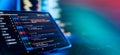 Running Computer data programming. Coding script text on screen. Notebook closeup photo. Royalty Free Stock Photo