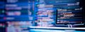 Running Computer data programming. Coding script text on screen. Notebook closeup photo. Royalty Free Stock Photo