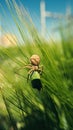 Running crab spider killing green forest bug in barley field Royalty Free Stock Photo