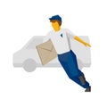 Running delivery man in blue holding big postal envelope