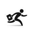 Running doctor hurrying to patient icon, vector isolated symbol