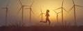 Running energy. Woman running on field in front of turbines.