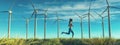 Running energy. Woman running on field in front of turbines. Royalty Free Stock Photo