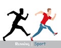 Running fat man and his silhouette. Active people, fitness, sports movement. Side view. Vector in flat design