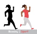 Running fat woman and her silhouette. Active people, fitness, sports movement. Side view. Vector flat design