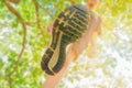 Running feet male view from below in runner jogging exercise with old shoes in public park for health lose weight concept Royalty Free Stock Photo