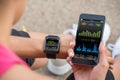 Running Female With Mobile Phone Connected To A Smart Watch Royalty Free Stock Photo
