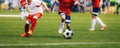 Running Football Soccer Players. Football Duel Between Young Players Royalty Free Stock Photo