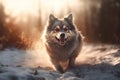 Running funny dog in winter snow. Generate ai