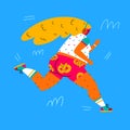 Running girl. Fat young woman in bright shorts with pretzels and headphones running. Royalty Free Stock Photo