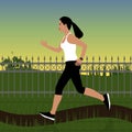 running girl in sportswear on a background of forest landscape or in the park at sunset. In the background are trees, bi Royalty Free Stock Photo